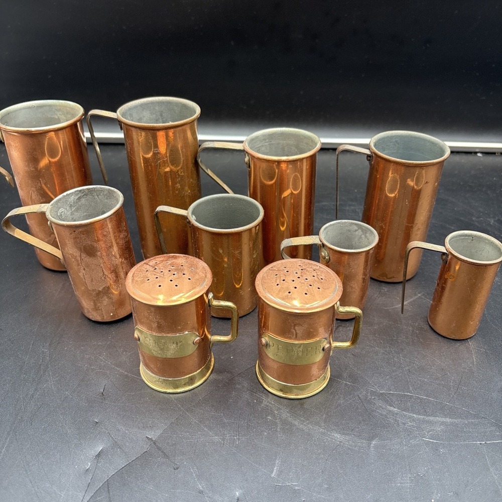 VTG Set Of 8 Copper Nesting Measuring Cups Portugal + Salt Pepper Shakers